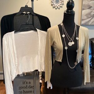 SHRUG SWEATERS CARDIGAN WRAPS (3) SMALL black white & sand. All 3